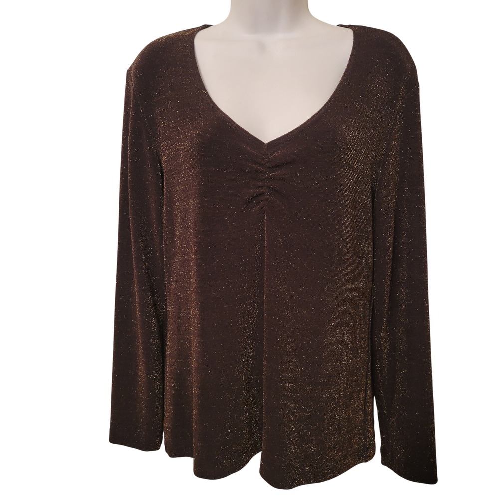 Chicos Travelers Top 1 M 8 V Neck Brown Gold Shimmer Sparkle Bling‎ Party
